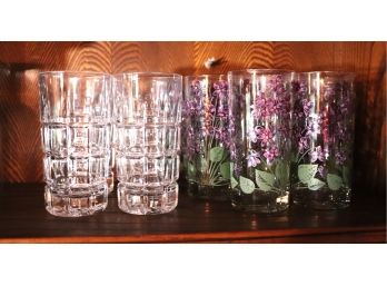 Vintage Set Of 6 Tall Hand Painted Water Glasses & 4 Crystal Glasses