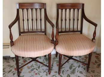 Pair Mahogany Sheraton Style Armchairs With Inlaid Wood & Peach Ribbed Silk Fabric