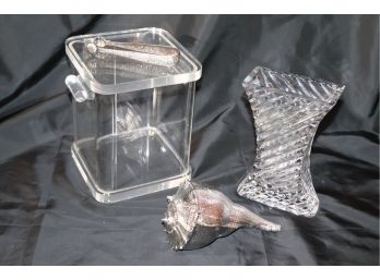 Lot Includes Lucite Ice Bucket With Handles, Large Silver Color Shell, Mikasa Vase & Sterling Silver Tongs