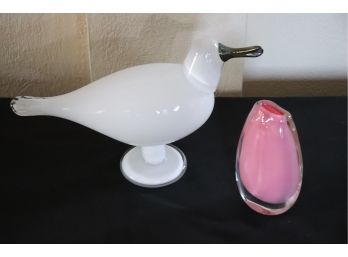 Art Glass Bird By Nuutajarvi, Finland With MCM Pink ART Glass Vase