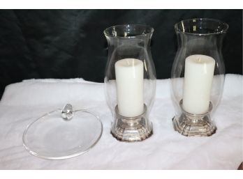 Pair Of Vintage Sterling Silver Chunky Candle Holders With Glass Hurricane Shades & Steuben Bowl
