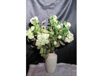Beautiful White Glazed Ceramic Vase With Overall Flower Design And Silk Hydrangea Flowers