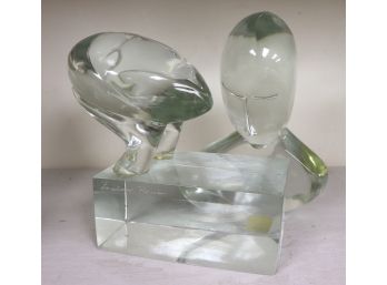 Two Heavy Art Glass Sculptures Of Futuristic Faces On Glass Base By Loredano Rosin