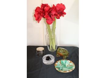 Lot Of Decorative Items Includes Majolica Plate With Fern Design, Glass Vase With Silk Amaryllis, Nordic Glass