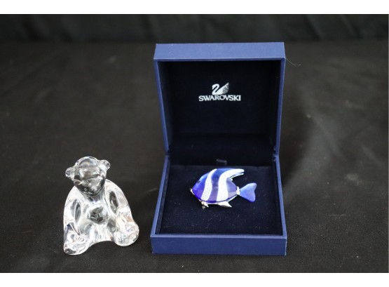 Baccarat Crystal Teddy Bear & Beautiful Swarovski Angel Fish Pin With Box