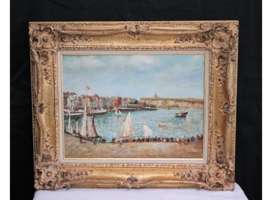 Sailboat Painting Signed By Artist Dober In An Ornate Carved Frame
