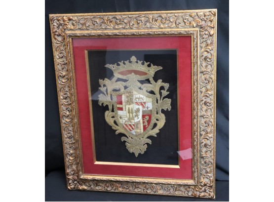 Vintage Embroidered Royal Crest In An Ornate Gilded Frame