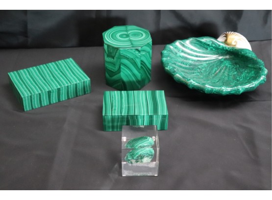 Collection Of Stunning Green Malachite - Small Octagonal Humidor, Tobacco Boxes, Signed Italian Ceramic Tray