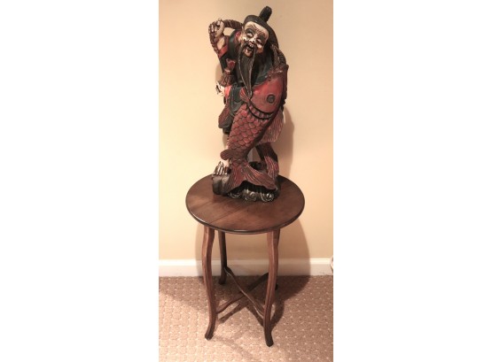 Highly Carved & Painted Wood Asian Fu Man Statue With Small Round Table