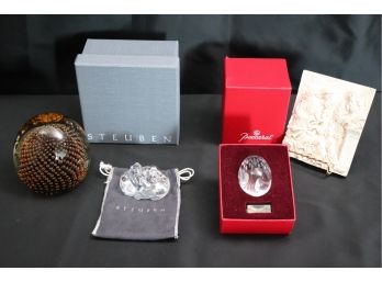 Baccarat Crystal Egg With Box & Steuben Cuddling Puppies, Art Glass Paperweight, Embossed Plaque