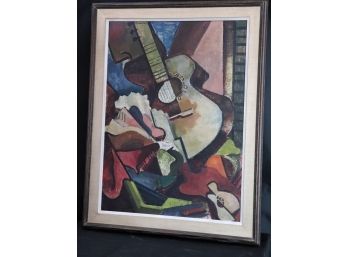 Signed Still Life Painting By Artist J. Brosnahan Still Life Guitar In A Matted Linen Frame