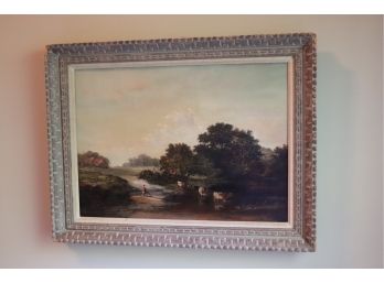 Antique Oil Painting River Scene In Frame