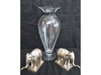 Pair Of Heavy Metal Silver Finished Painted Elephants & Tall Glass Vase