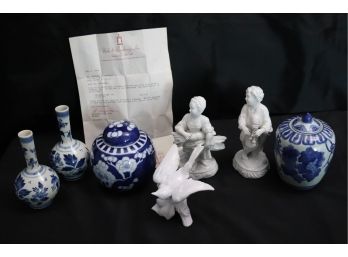 2 Small Blue & White Delft Vases, Vintage Blue & White Asian Style Ginger Jars, Capodimonte Figurines