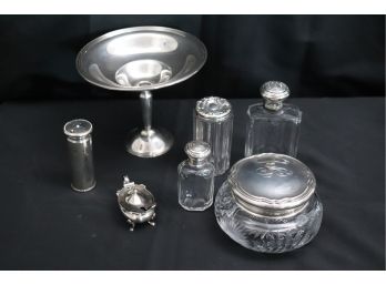 Assorted Sterling Items, Powder Jars With Etched Design & Sterling Lids, Includes Weighted Pedestal Dish