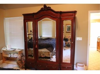 Large Vintage Beveled Transitional Mirrored Armoire With A Beautiful Crown - Contents Not Included