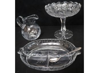 Decorative Crystal Bowl With Scalloped Edge ,Etched Serving Dish & Small Pitcher