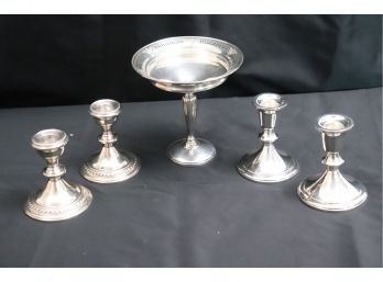 4 Weighted Sterling Candle Holders & Sterling Pedestal Dish With Weighted Bottom