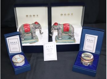Collection Of Halcyon Days Porcelain Ceremonial Elephants With Boxes & Decorative Enamel Trinket Boxes
