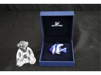 Baccarat Crystal Teddy Bear & Beautiful Swarovski Angel Fish Pin With Box