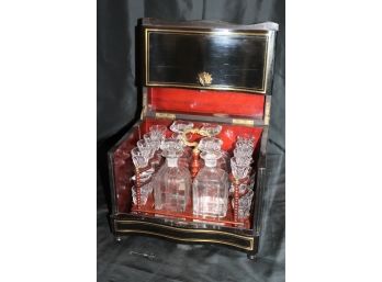 Vintage Liquor Tantalus Box With Key, Decanters & Glasses