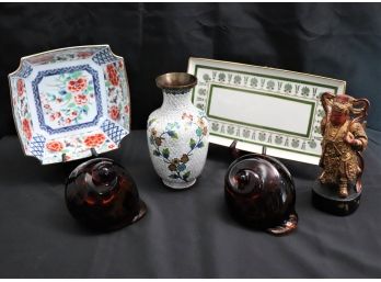 Cloisonne Vase, Art Glass Snail Shells, Tsai Chen Carved Figure God Of Wealth, Asian Bowl & Ginori Tray Italy