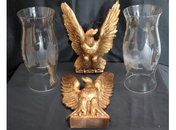 Pair Of Antique Hand Carved Gilded Flying Eagles Circa Late 1800s & Tall Eagle Etched Glass Hurricane Lamps