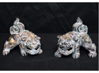 Pair Of Painted Heavy Metal/Wrought Iron Foo Dog Statues With A Distressed Antiqued Finish