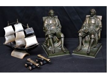 Vintage Daniel G French Bookends, Small Brass Cannons Ox Mfco & Small Sailboat Made From Horn