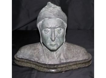 Vintage Patinized Metal Bust Of The Italian Poet Dante On A Marble Base