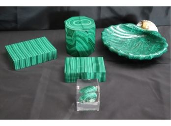 Collection Of Stunning Green Malachite - Small Octagonal Humidor, Tobacco Boxes, Signed Italian Ceramic Tray