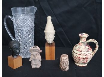Collection Of Decorative Items Includes Small Figurines, Miniature Bust, & Glass Pitcher