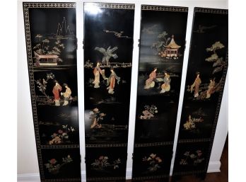 Asian Lacquered Dual Sided 4 Panel Screen With Embossed Character Detail