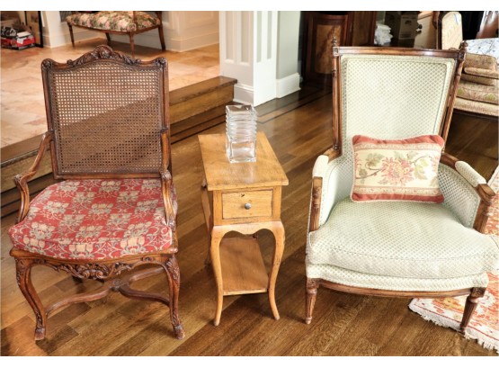 Pair Of Vintage French Style Armchairs With Small Side Table & Modern Vase