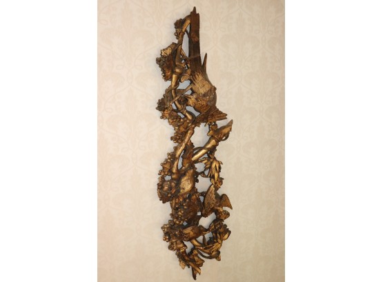 Carved Gilt Wood Panel Sculpture With Carved Birds And Grape Vine