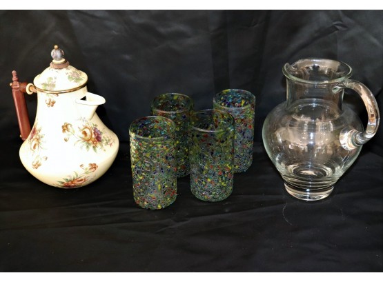 MacKensie-Childs Enamel Metal Teapot, 4 Art Glass Highballs & Clear Pitcher
