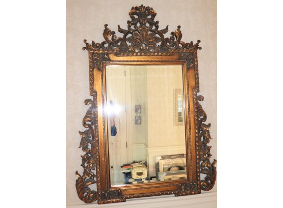 Carved & Antique Gilded Finish Resin Beveled Wall Mirror With Ornate Details