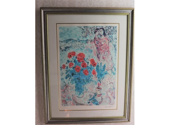Marc Chagall Numbered & Signed Lithograph 470/500 Red Bouquet With Lovers