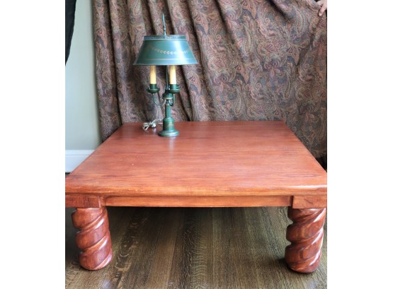 Rustic Twisted Turned Leg Square Coffee Table With Green Metal Table Lamp
