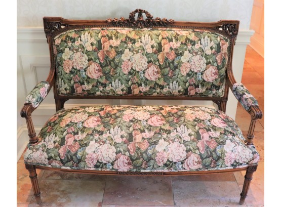 Vintage French Louis XVI Style Settee With Floral Tapestry Upholstery