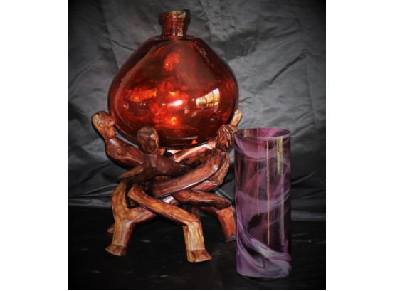 2 Decorative Glass Vases With Carved Interlocking Sculpture