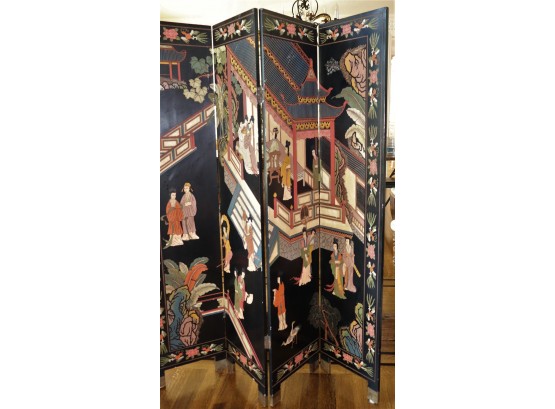 Vintage Oriental Black Lacquer Screen With Fabulous Carved & Hand Painted Scenes