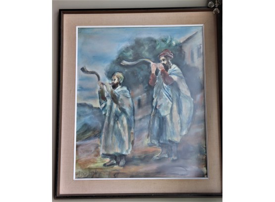 Hand Signed In Hebrew  2 Religious Men With Shofars In The Countryside Watercolor Painting