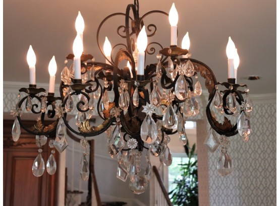 12 Light Vintage French Style Wrought Iron Chandelier With Faceted Crystals