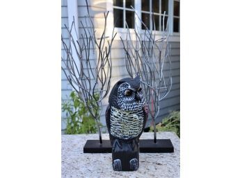 Faux Owl And A Pair Of Votive Holder Branch Sculptures