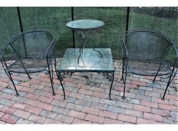 Pair Of Wrought Iron Chairs With 2 Side Tables With Glass Tops