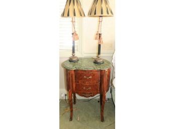 Pair Of Candlestick Lamps & Green Marble Topped Inlay Wood Occasional Table