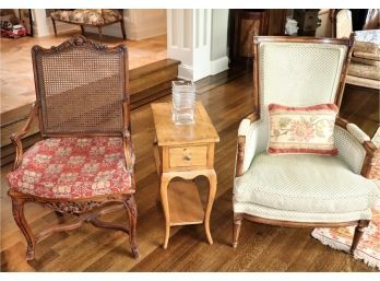 Pair Of Vintage French Style Armchairs With Small Side Table & Modern Vase
