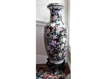Tall Hand Painted Oriental Vase With Carved Wood Stand