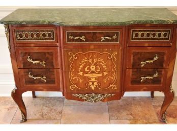 Antique Marquetry Inlay Wood Marble Topped 5 Drawer Chest